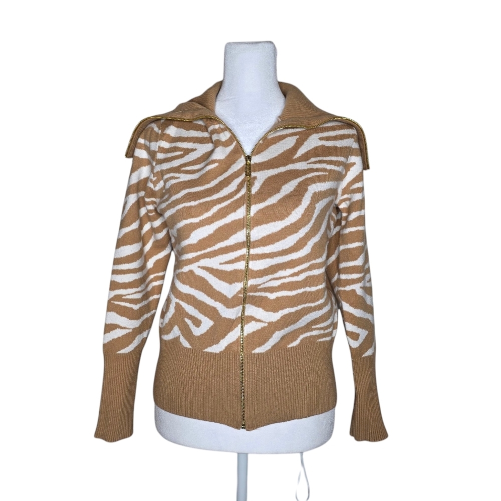 Marc New York Womens Zebra Print Zip Up Sweater Size Small Brown And White